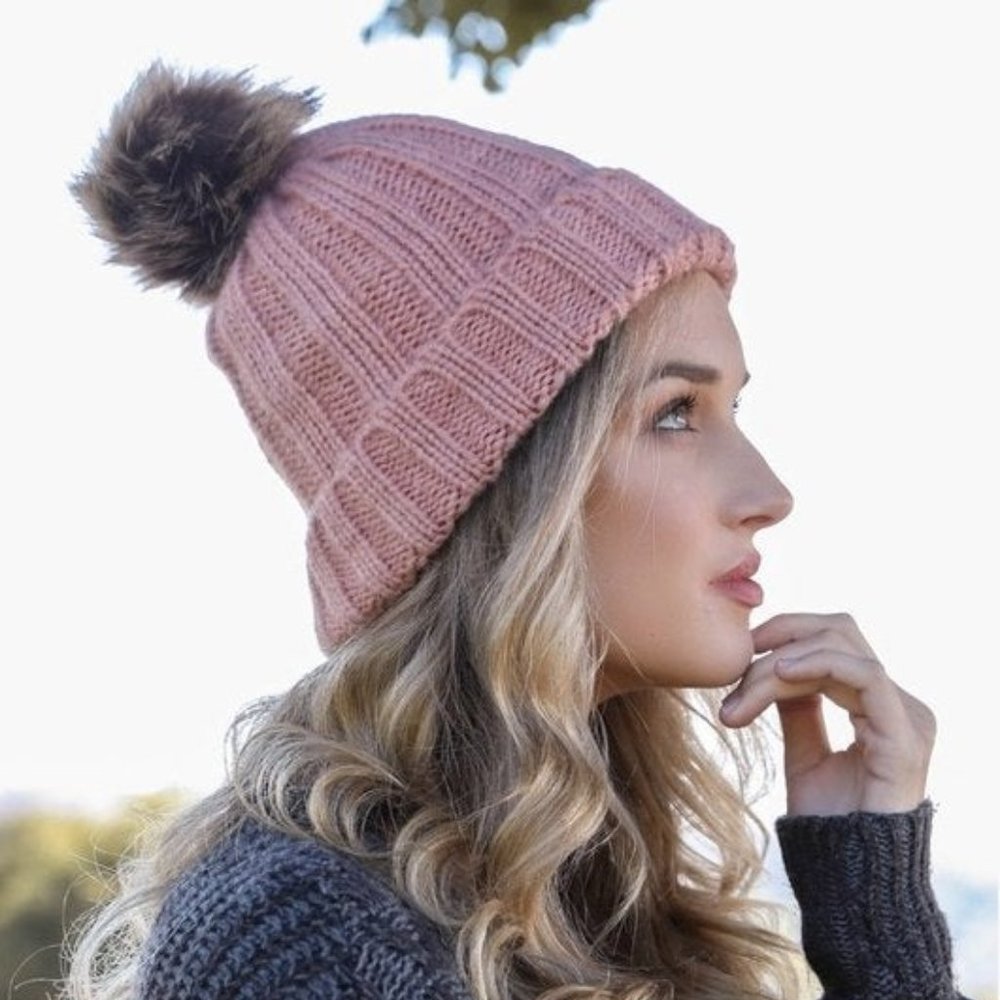 Pink Faux Fur Ribbed Beanie